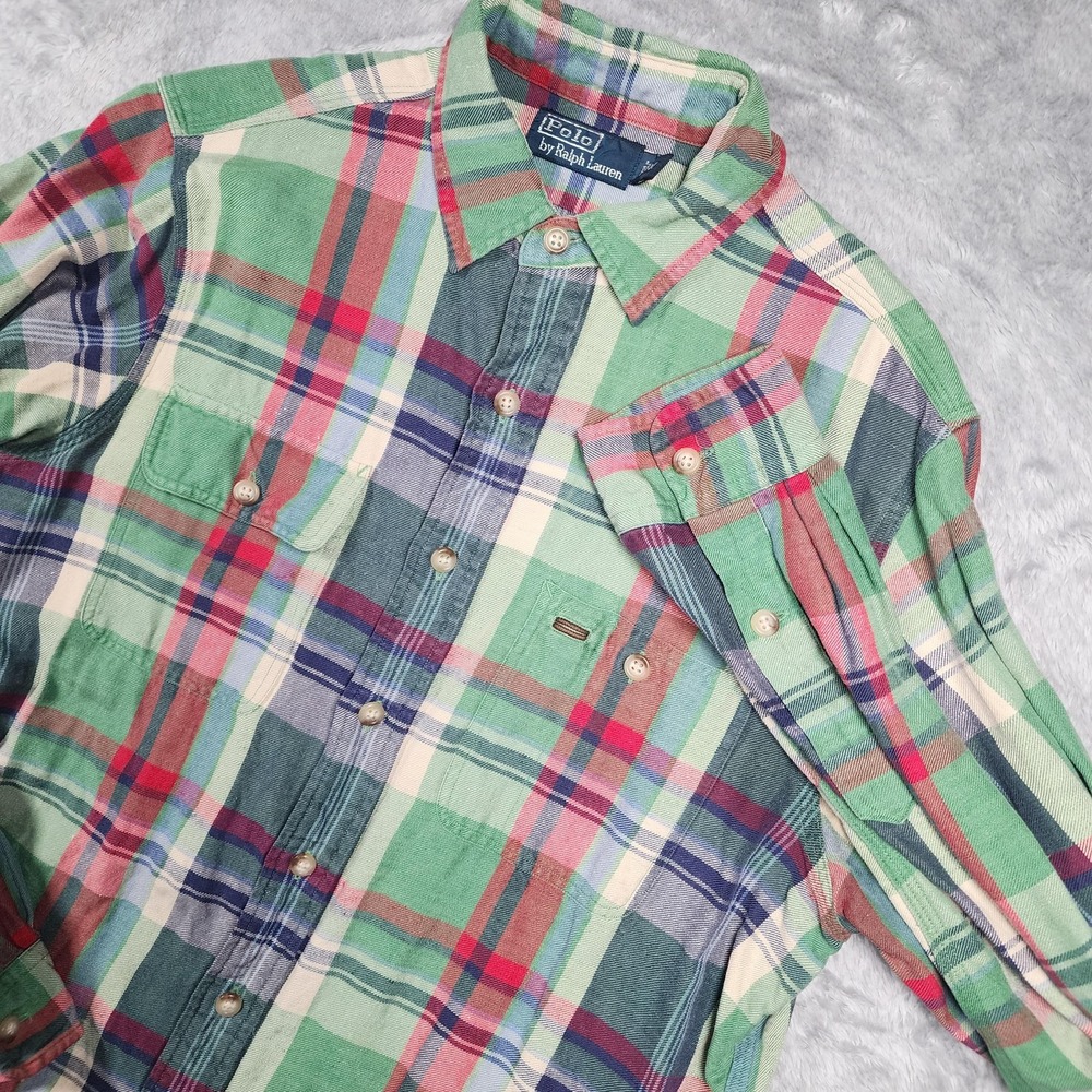 Polo Ralph Lauren Shirt Mens Medium Green Red Madras Plaid Button Down‎ Casual